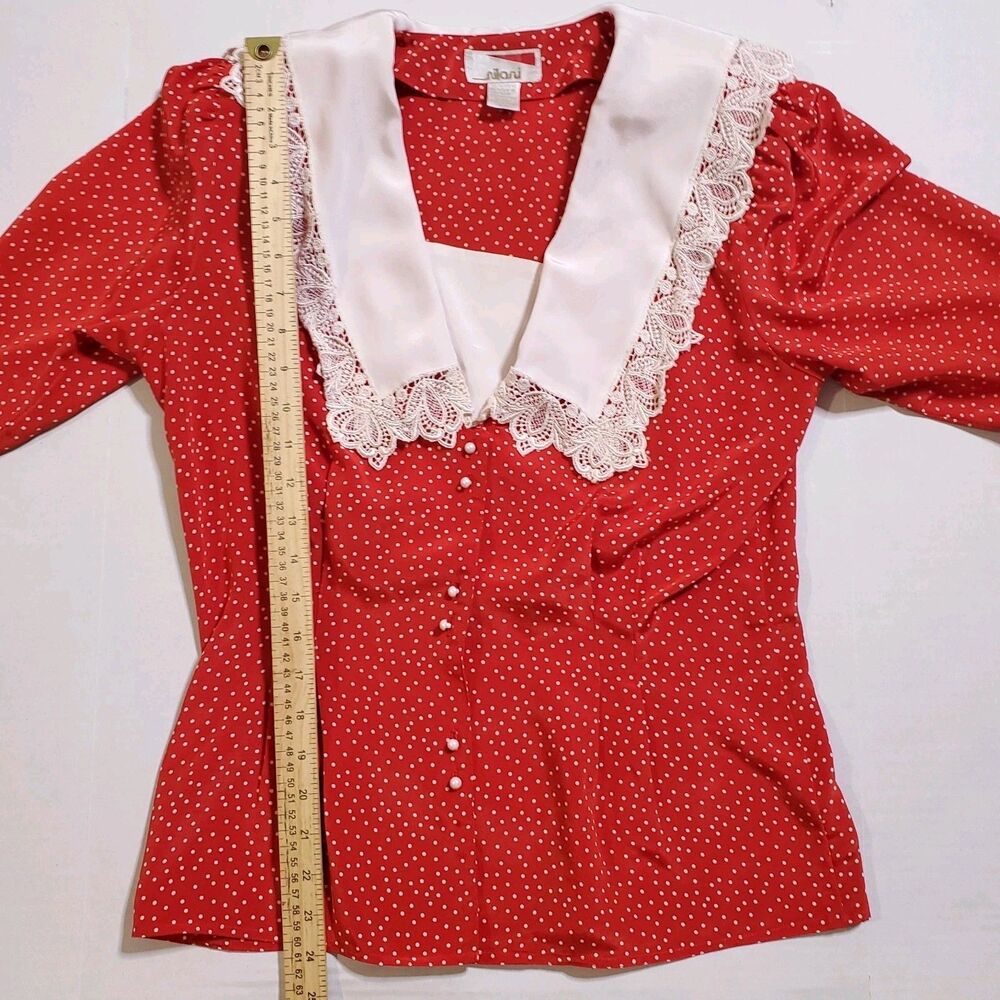 80s 70s Vintage Polka-Dot Lace Shawl Collar Skirt Set 2 Piece - Picture 13 of 15